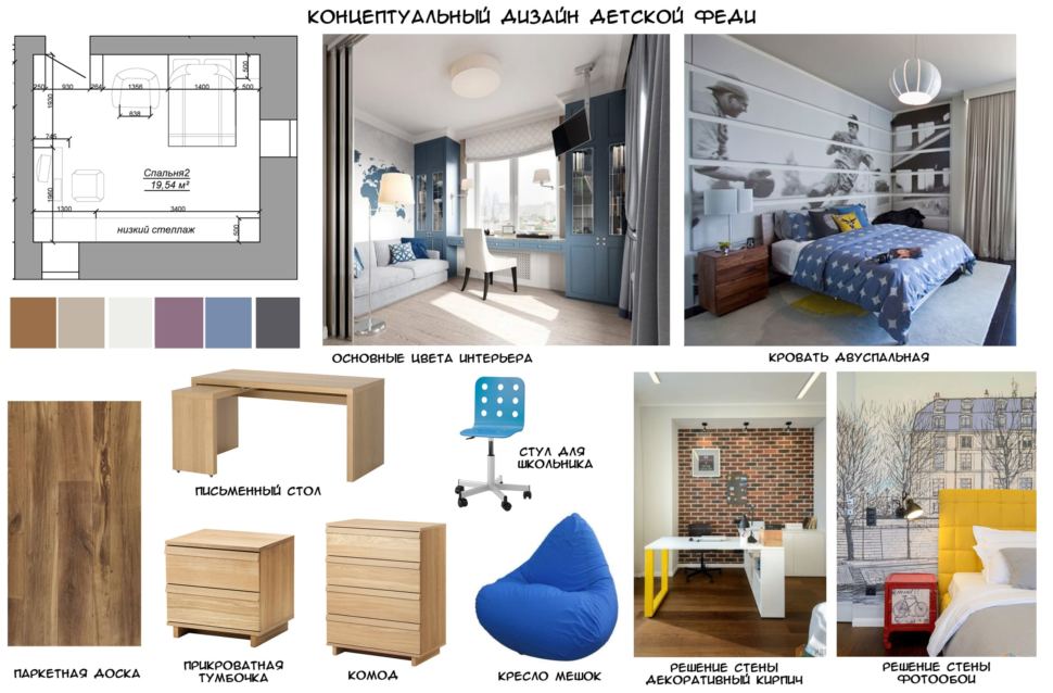 Концептуальный дизайн детской мальчика 20 кв.м, комод, кресло, паркетная доска