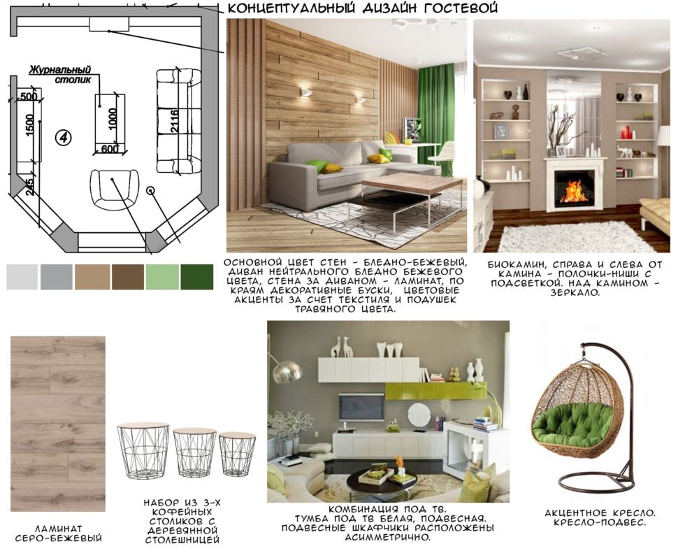 Концептуальный дизайн гостевой 15 кв.м в современном стиле с зеленными и бежевыми оттенками, серо-бежевый ламинат, набор из трех кофейных столиков