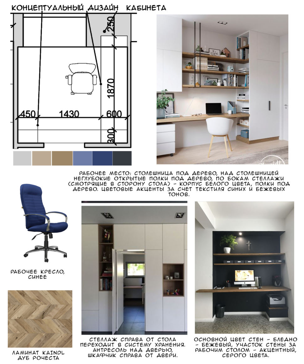 Концептуальный дизайн кабинета 14 кв.м в теплых тонах, ламинат, столешница под дерево, стеллаж, синее рабочее кресло, антресоль, шкафчик