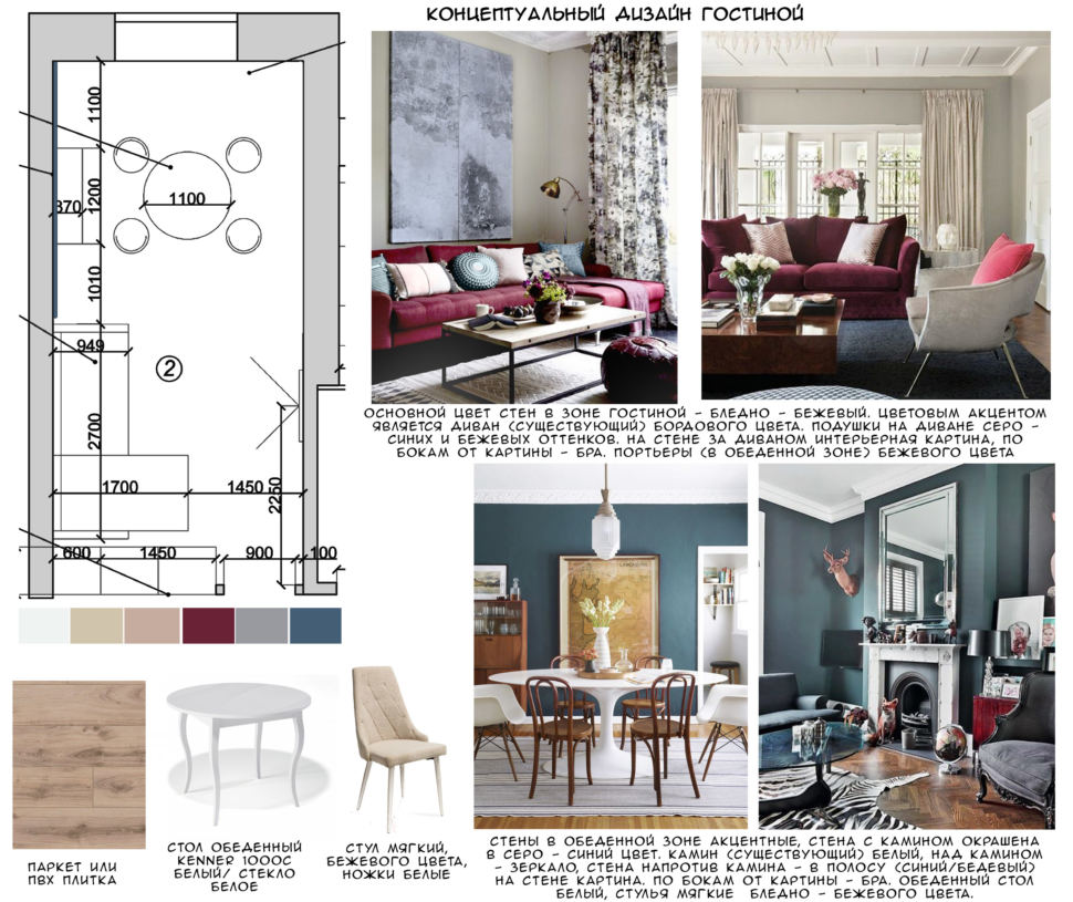 Концептуальный коллаж гостиной 21 кв.м, бордовый диван, синие акценты, обеденный стол, паркет